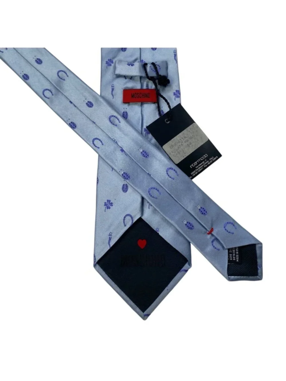 Moschino NWT Light Blue Silk Tie With Ladybug Clover & Horseshoe Pattern